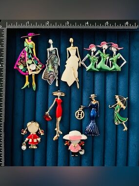 Lot of 9 Fashion Lady Brooches Enamel Rhinestone Girls Dress Umbrella Pins Set
